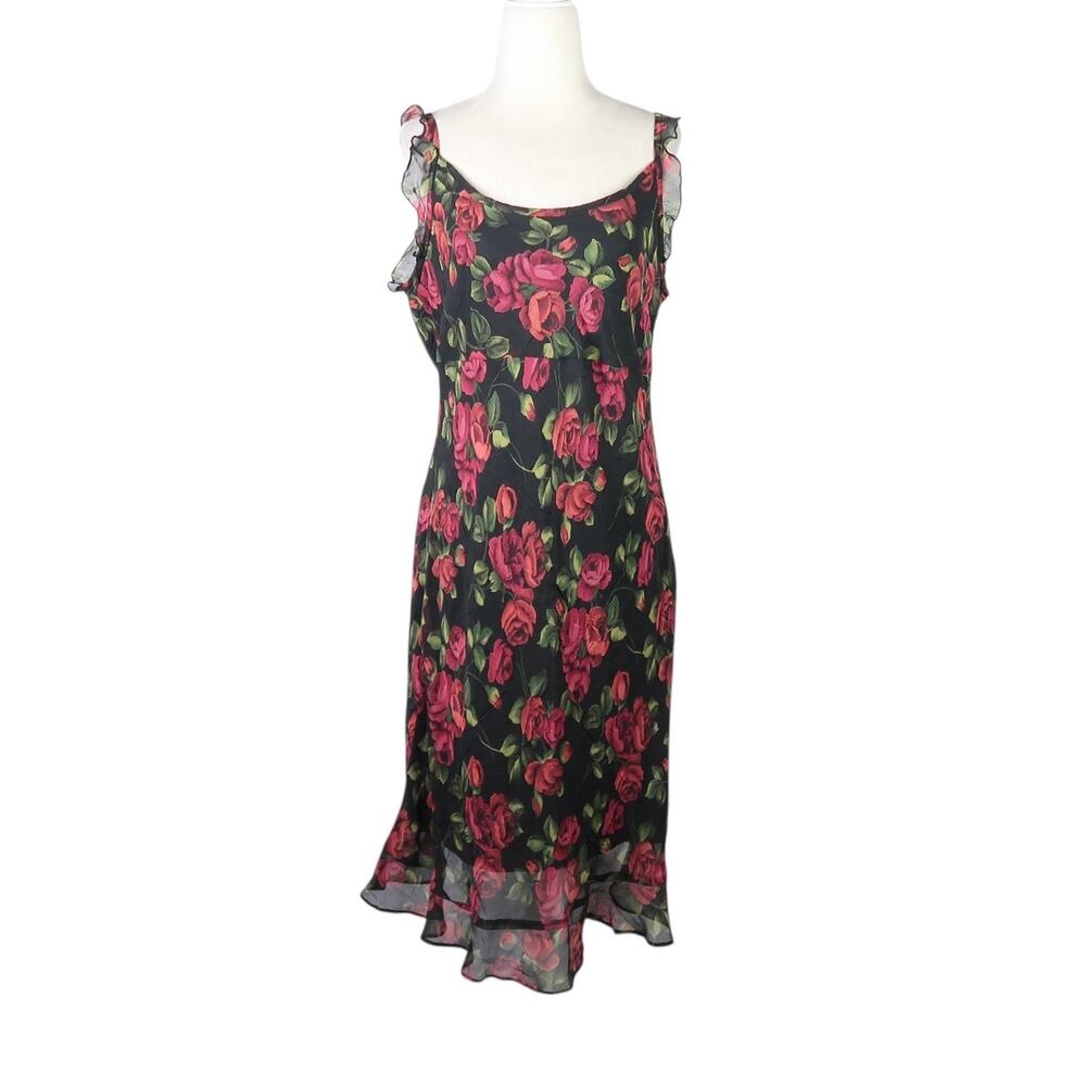Vintage 90s Alyn Paige Black and Pink Rose Floral Frilly Midi Dress 12